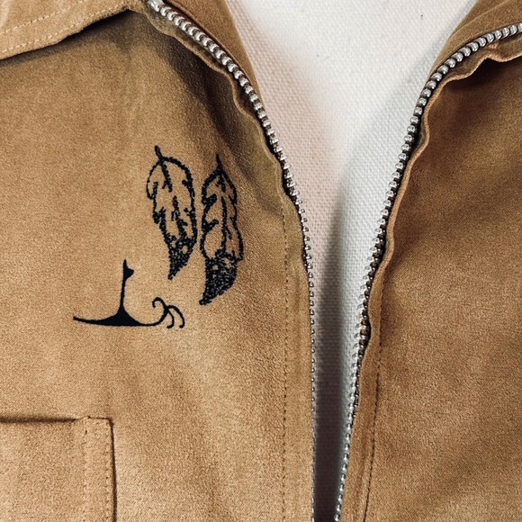 Chicos Southwestern Kokopelli Graphic Zip Up Shirt Jacket Tan Faux Suede size 0 - Picture 7 of 11